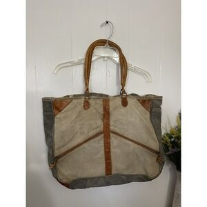 Mona b Cotton Canvas Tote Upcycled Tattered Vintage Look